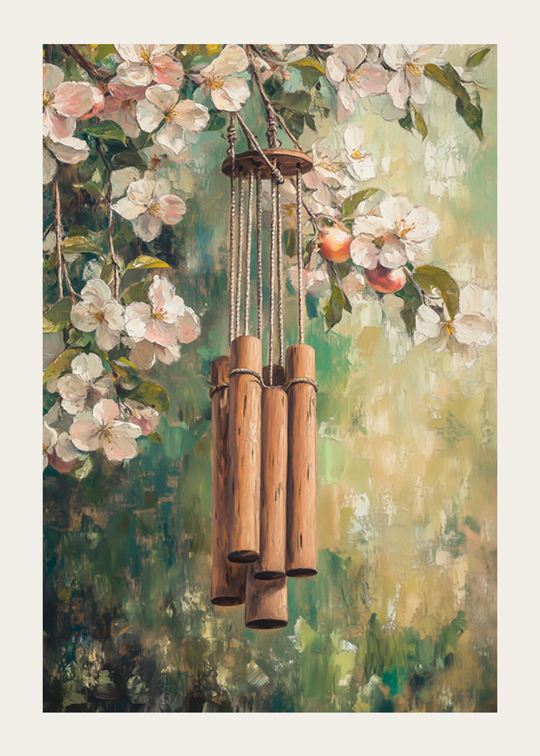 Ölgemälde eines hölzernen Windspiels zwischen blühenden Zweigen-12
