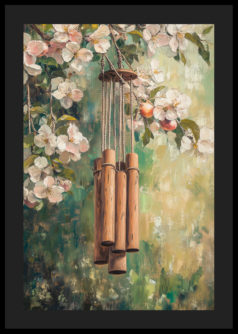 Ölgemälde eines hölzernen Windspiels zwischen blühenden Zweigen-12
