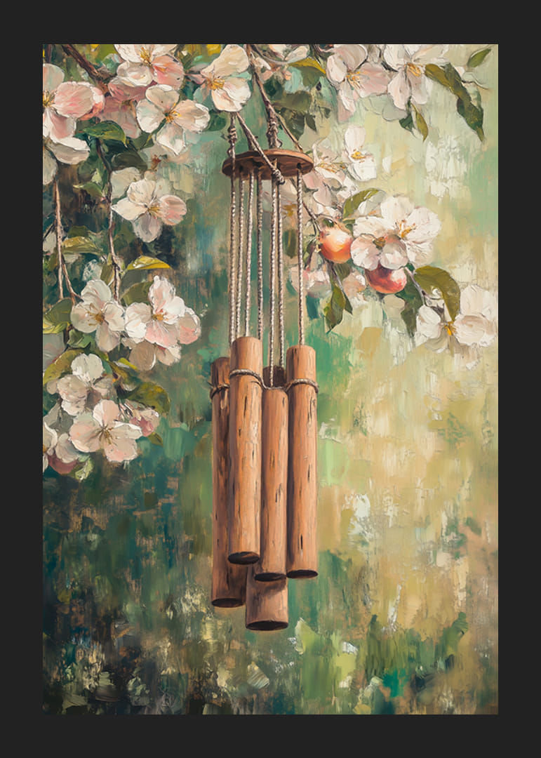 Ölgemälde eines hölzernen Windspiels zwischen blühenden Zweigen-12