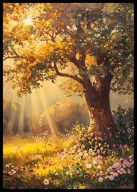 Oil painted oak tree in sunlit meadow with colorful flowers-6