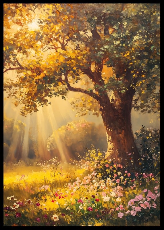 Oil painted oak tree in sunlit meadow with colorful flowers-12