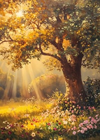 Oil painted oak tree in sunlit meadow with colorful flowers-7