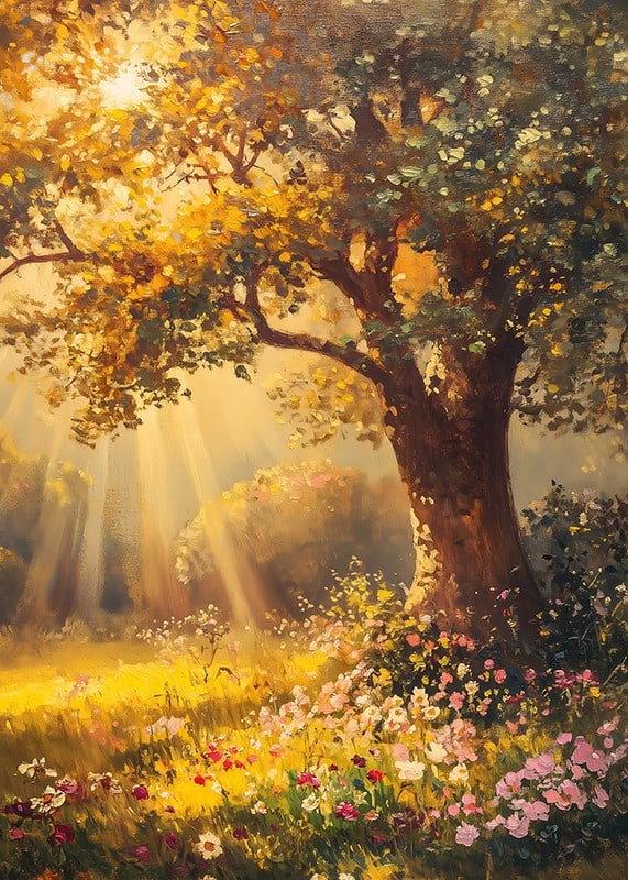 Oil painted oak tree in sunlit meadow with colorful flowers-12