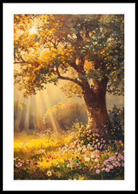Oil painted oak tree in sunlit meadow with colorful flowers-0