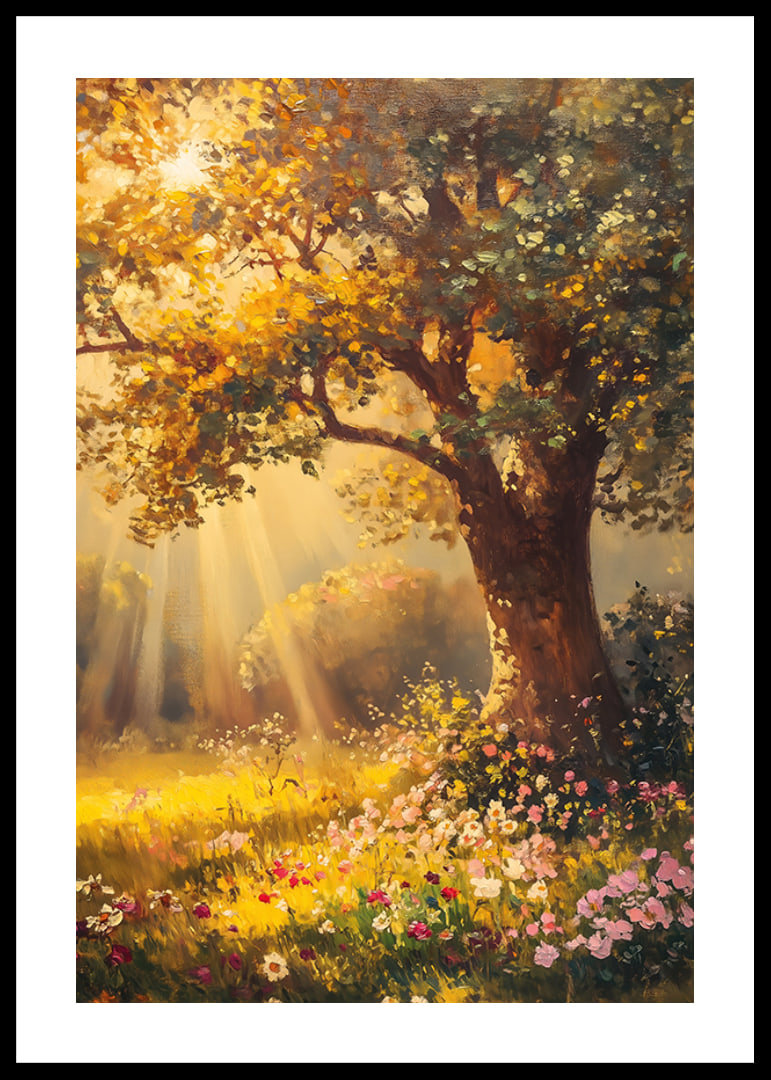 Oil painted oak tree in sunlit meadow with colorful flowers-12