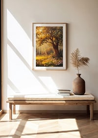 Oil painted oak tree in sunlit meadow with colorful flowers-8