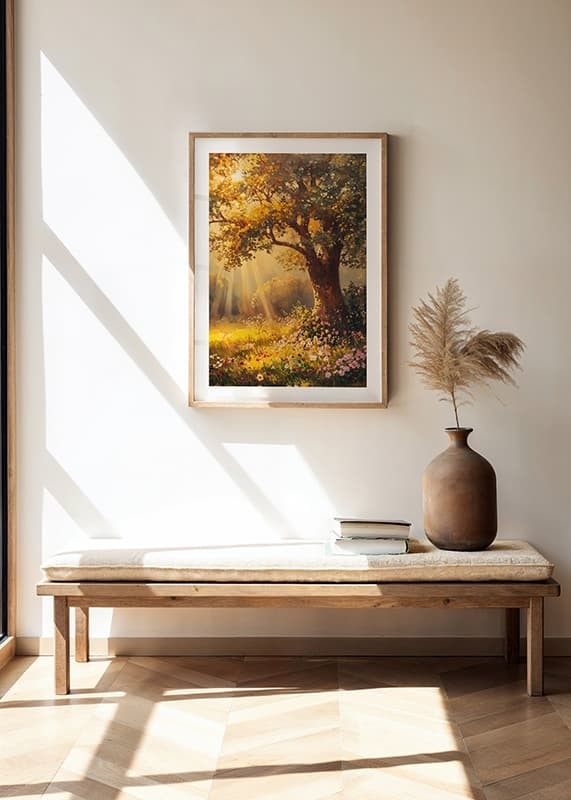 Oil painted oak tree in sunlit meadow with colorful flowers-12