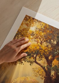 Oil painted oak tree in sunlit meadow with colorful flowers-9