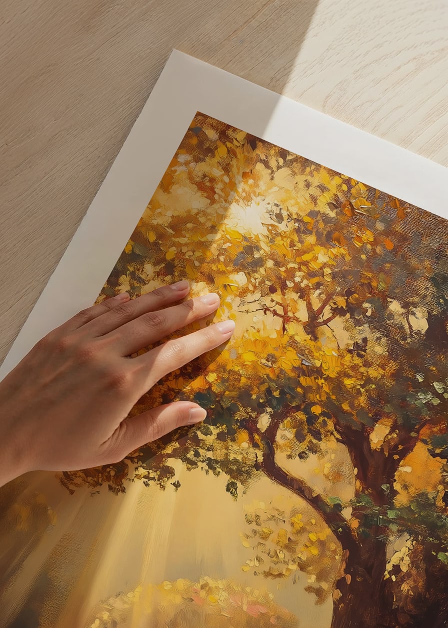 Oil painted oak tree in sunlit meadow with colorful flowers-12