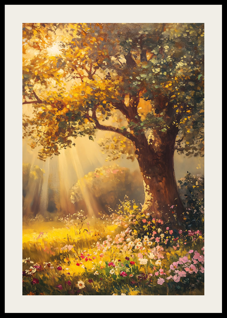 Oil painted oak tree in sunlit meadow with colorful flowers-12