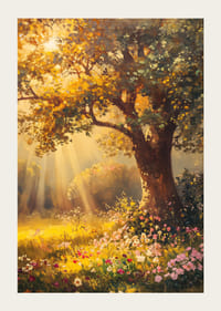 Oil painted oak tree in sunlit meadow with colorful flowers-3