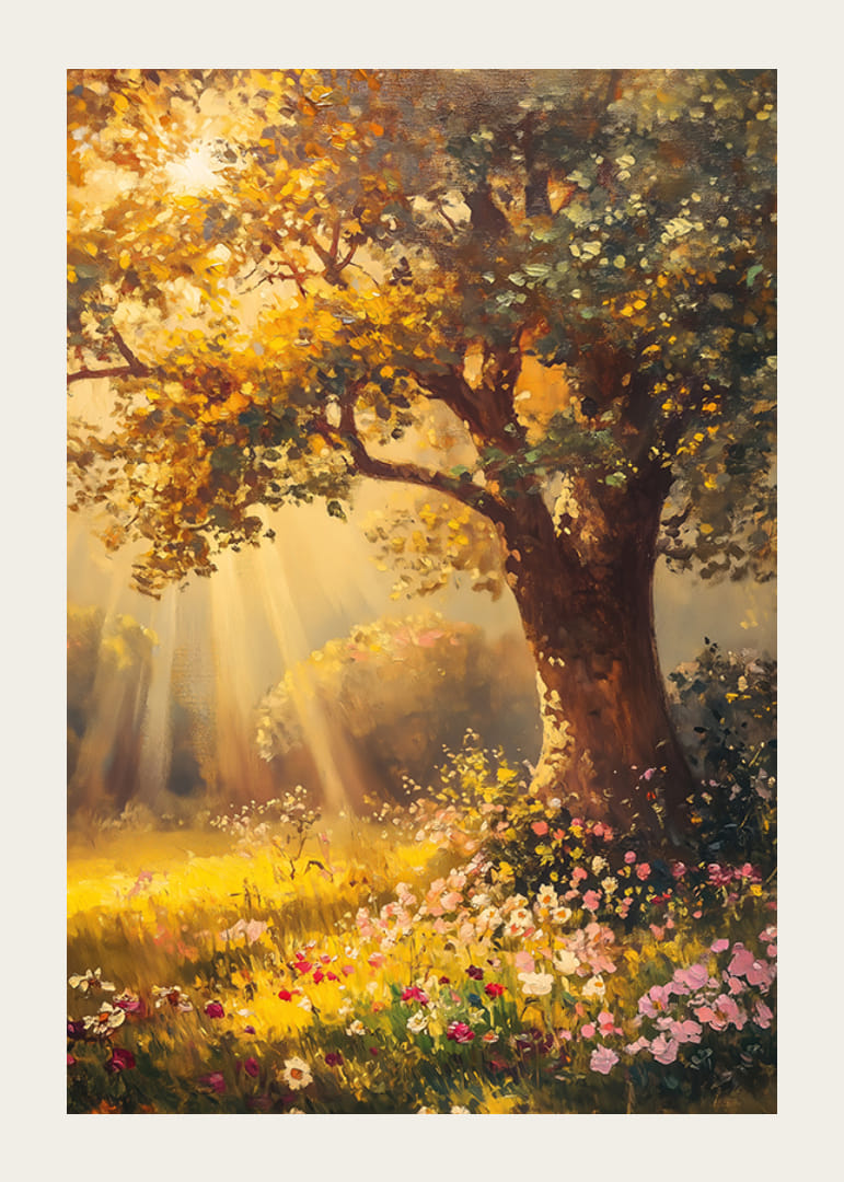 Oil painted oak tree in sunlit meadow with colorful flowers-12
