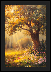 Oil painted oak tree in sunlit meadow with colorful flowers-4