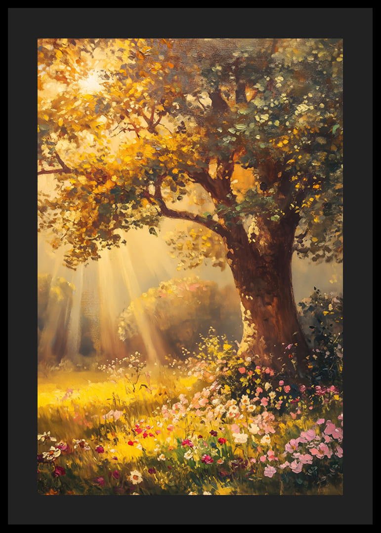 Oil painted oak tree in sunlit meadow with colorful flowers-12