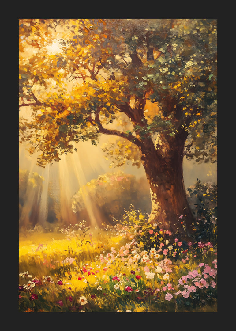 Oil painted oak tree in sunlit meadow with colorful flowers-12