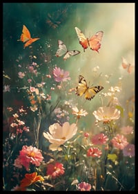 Illustrated butterflies over flowering meadow in warm backlight-6