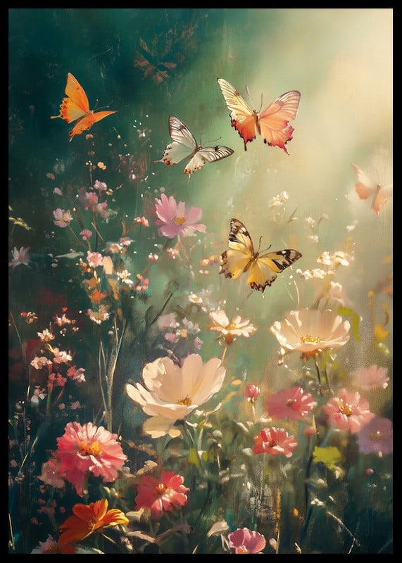 Illustrated butterflies over flowering meadow in warm backlight-12