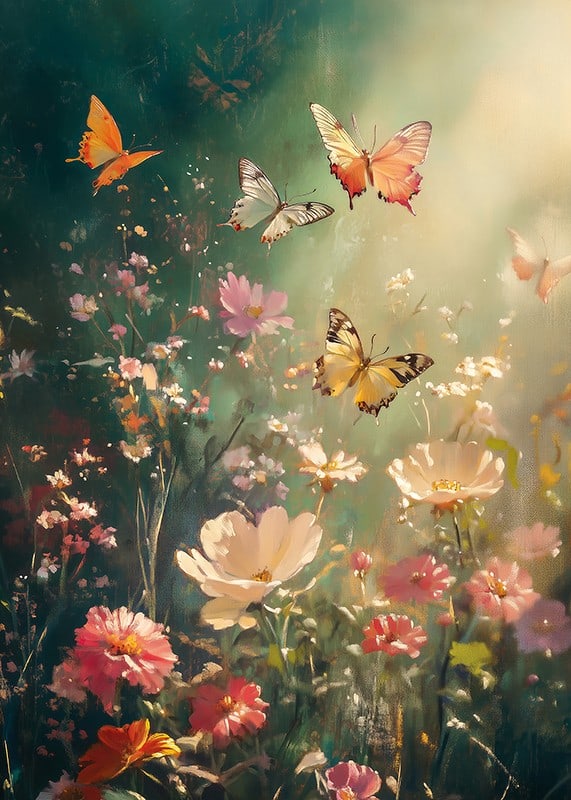 Illustrated butterflies over flowering meadow in warm backlight-12