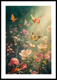 Illustrated butterflies over flowering meadow in warm backlight-0