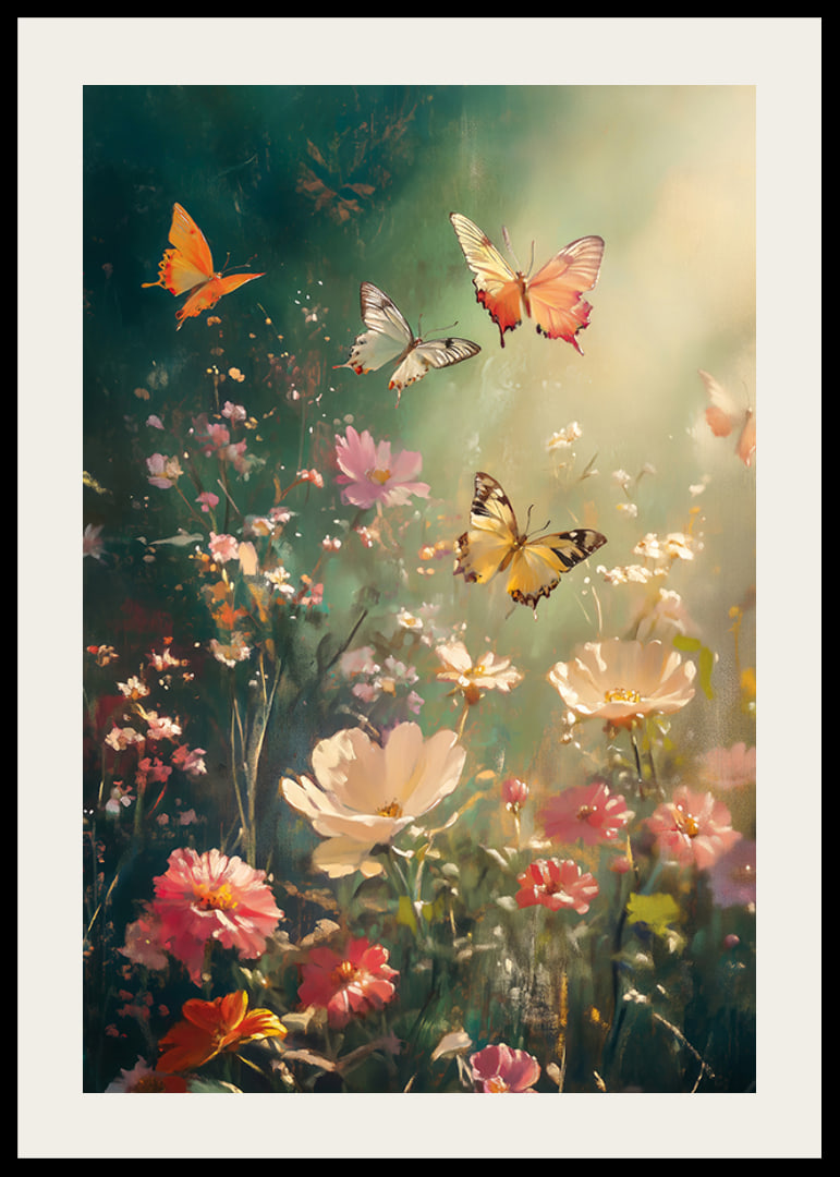 Illustrated butterflies over flowering meadow in warm backlight-12