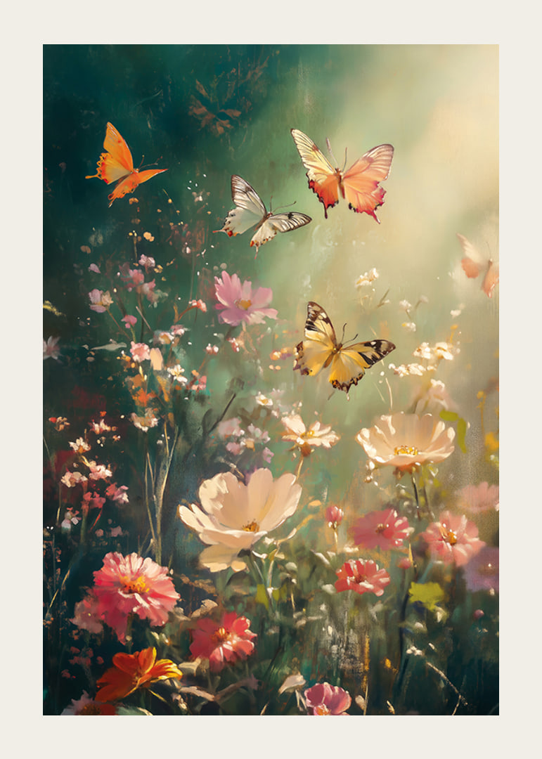 Illustrated butterflies over flowering meadow in warm backlight-12