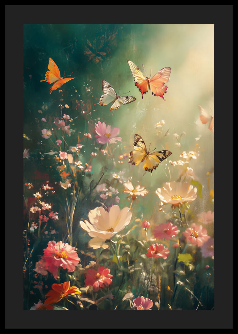 Illustrated butterflies over flowering meadow in warm backlight-12