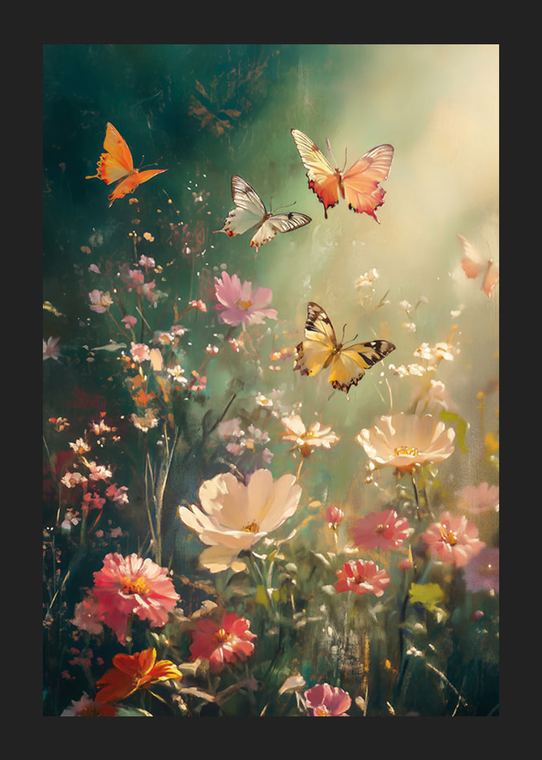 Illustrated butterflies over flowering meadow in warm backlight-12