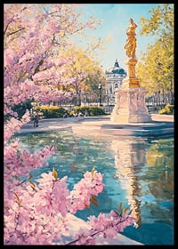 Oil painting of golden statue by pond with cherry blossoms-6