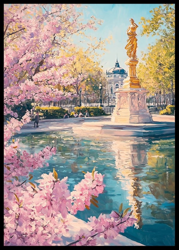 Oil painting of golden statue by pond with cherry blossoms-12
