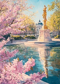 Oil painting of golden statue by pond with cherry blossoms-7