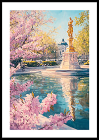Oil painting of golden statue by pond with cherry blossoms-0