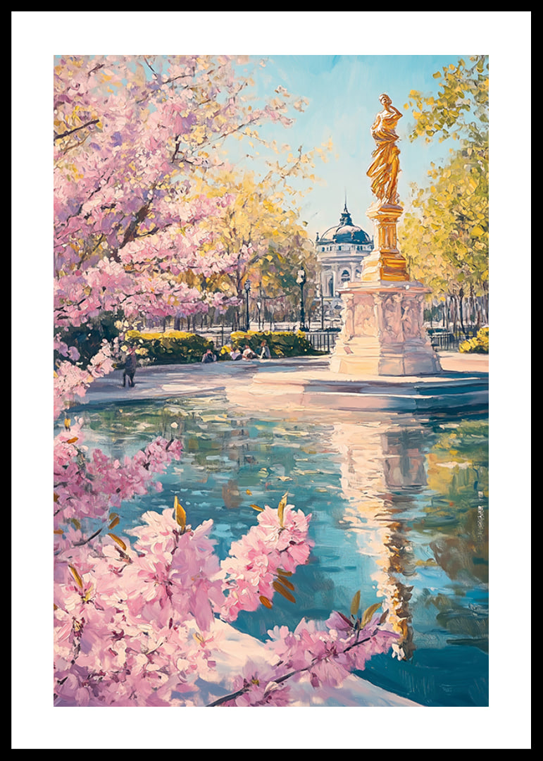 Oil painting of golden statue by pond with cherry blossoms-12