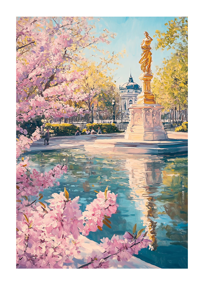 Oil painting of golden statue by pond with cherry blossoms-12