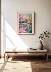 Oil painting of golden statue by pond with cherry blossoms-8