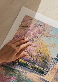 Oil painting of golden statue by pond with cherry blossoms-9