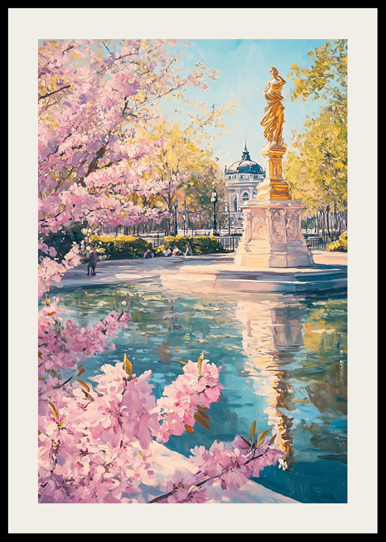 Oil painting of golden statue by pond with cherry blossoms-12