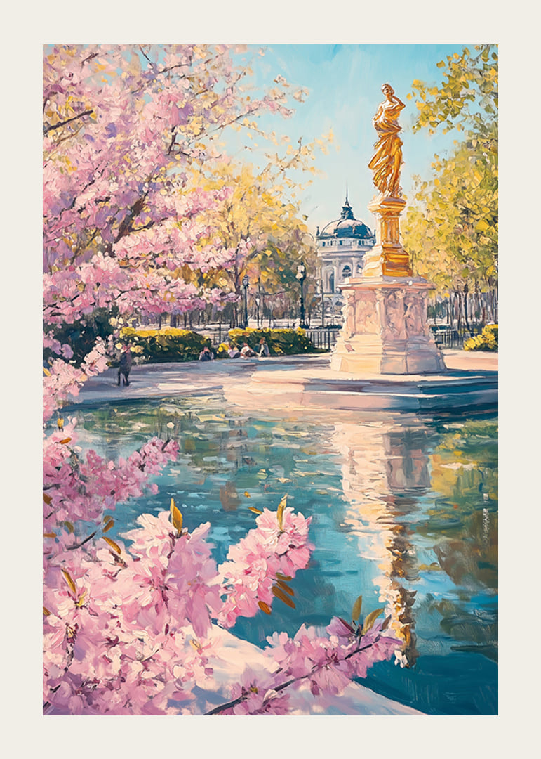 Oil painting of golden statue by pond with cherry blossoms-12