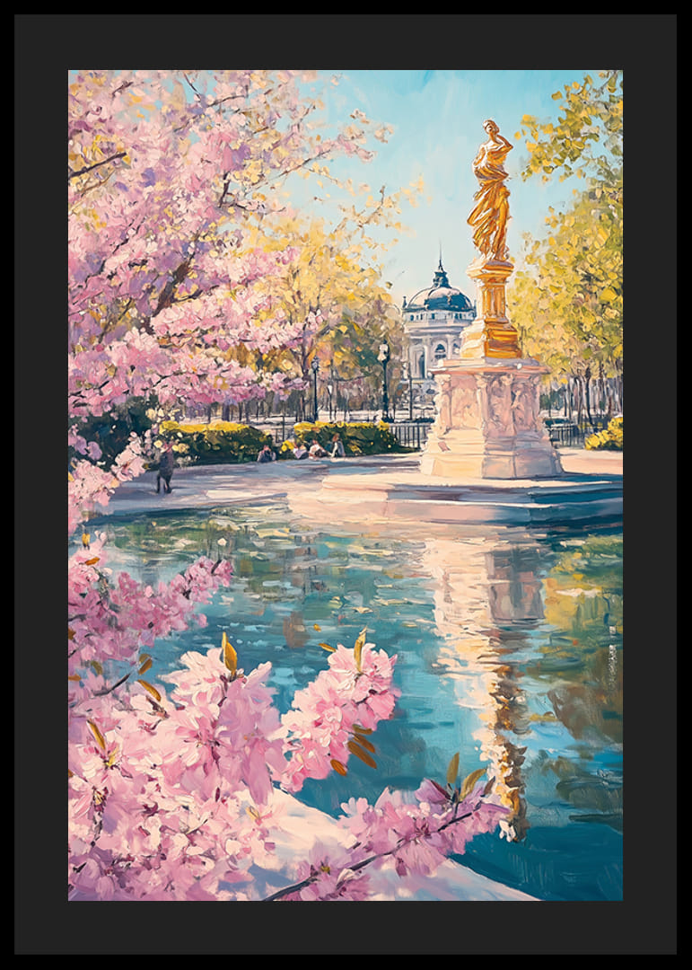 Oil painting of golden statue by pond with cherry blossoms-12