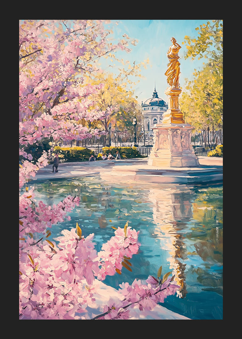 Oil painting of golden statue by pond with cherry blossoms-12
