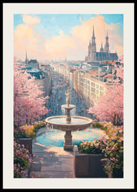 Kaupunkinäkymä suihkulähteellä, kirsikankukilla ja katedraalilla pehmeissä pastellisävyissä-2