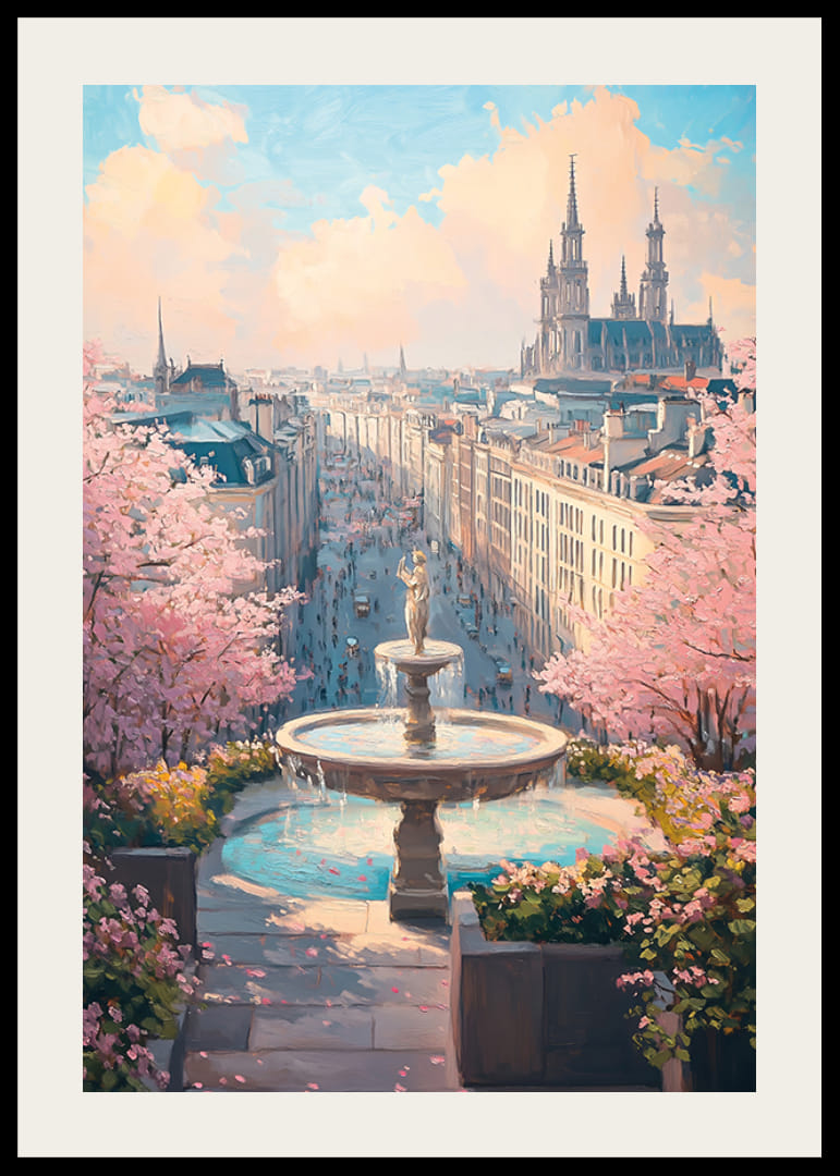 Kaupunkinäkymä suihkulähteellä, kirsikankukilla ja katedraalilla pehmeissä pastellisävyissä-12