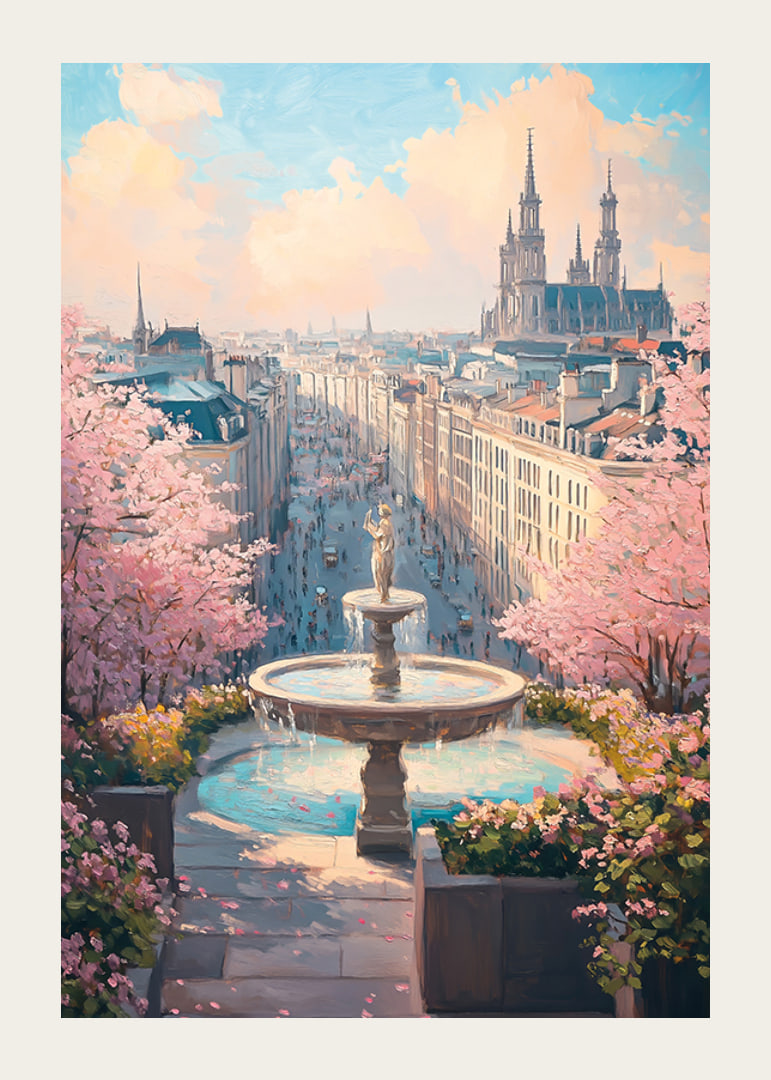City view with fountain, cherry blossoms and cathedral in soft pastel tones-12