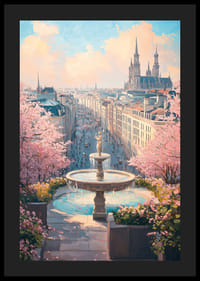 Kaupunkinäkymä suihkulähteellä, kirsikankukilla ja katedraalilla pehmeissä pastellisävyissä-4