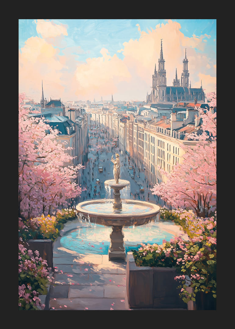 Kaupunkinäkymä suihkulähteellä, kirsikankukilla ja katedraalilla pehmeissä pastellisävyissä-12