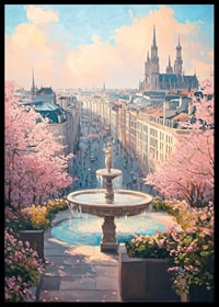 City view with fountain, cherry blossoms and cathedral in soft pastel tones-6