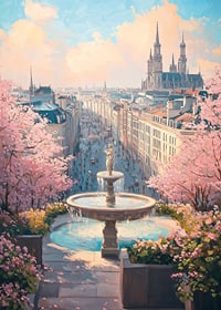 City view with fountain, cherry blossoms and cathedral in soft pastel tones-7