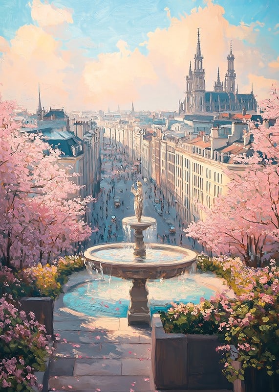 City view with fountain, cherry blossoms and cathedral in soft pastel tones-12