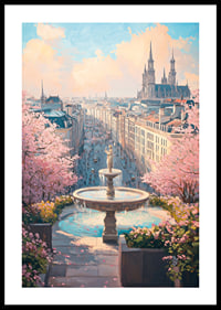 City view with fountain, cherry blossoms and cathedral in soft pastel tones-0