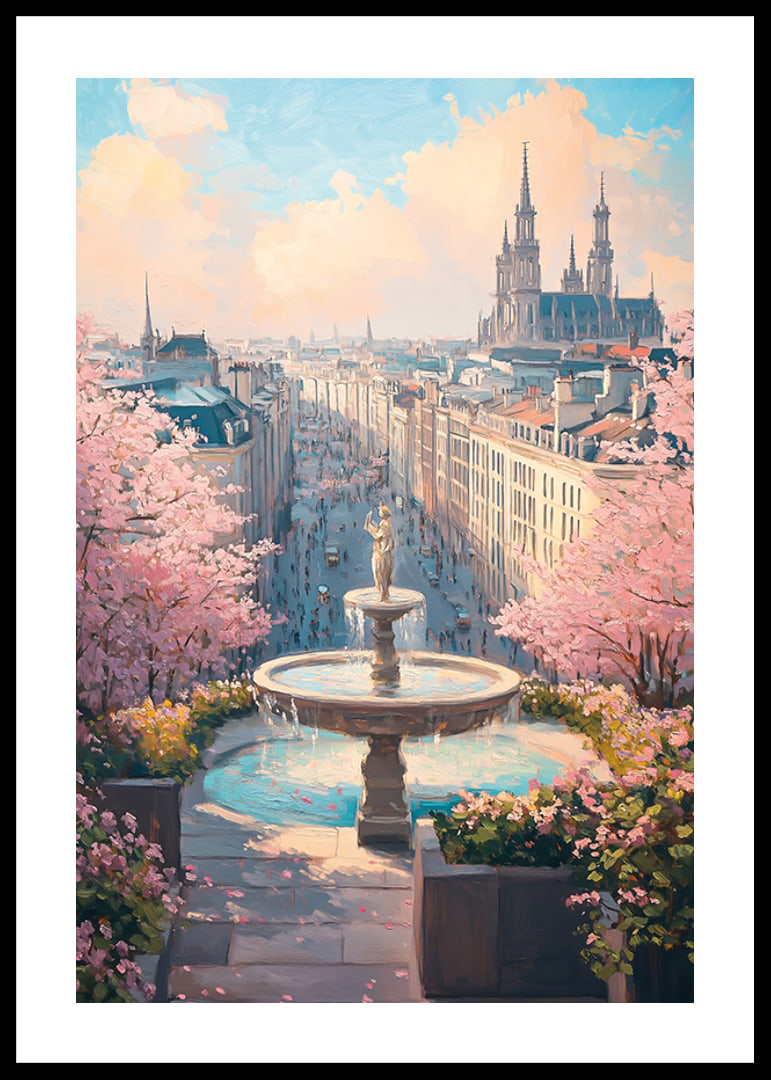 City view with fountain, cherry blossoms and cathedral in soft pastel tones-12
