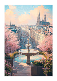 City view with fountain, cherry blossoms and cathedral in soft pastel tones-1
